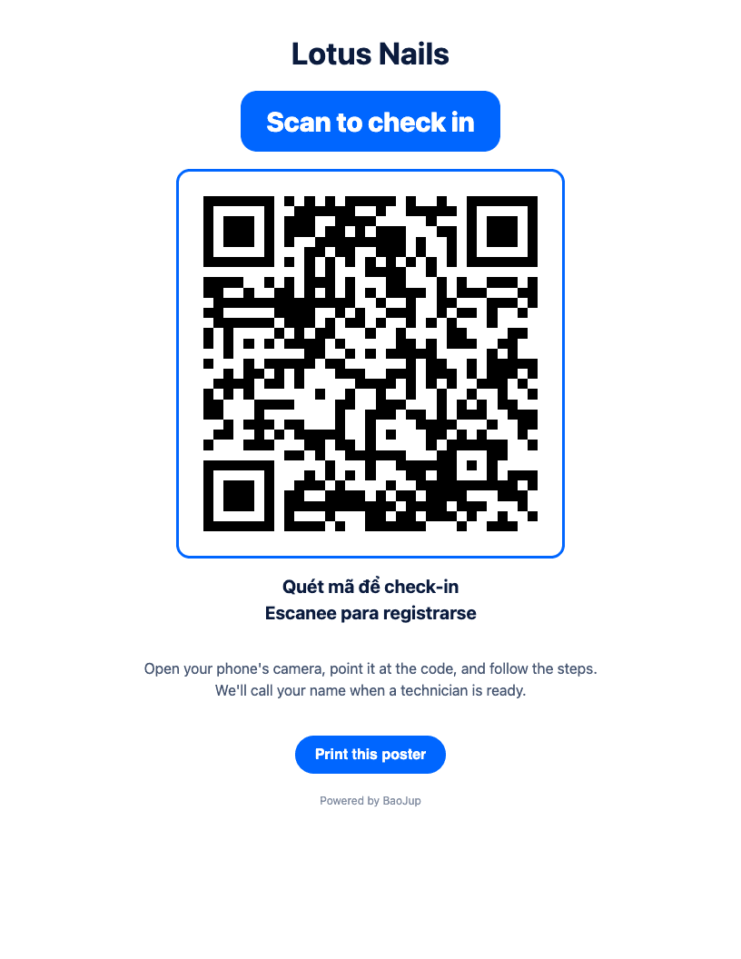 Printed QR check-in sign posted at the salon door