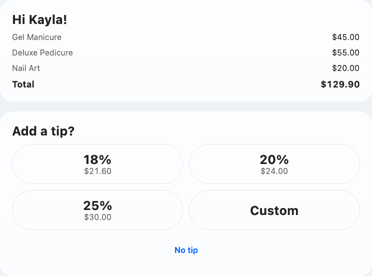 Customer screen for choosing a tip: 18%, 20%, 25% or a custom amount